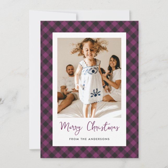 Simple Purple Plaid Photo Merry Christmas Holiday Card (Front)