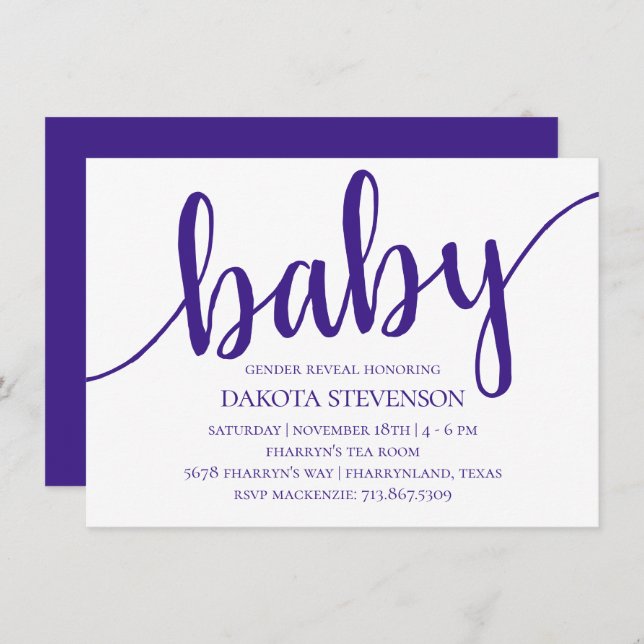 Simple Purple Script | Royal Grape Baby Shower Invitation (Front/Back)
