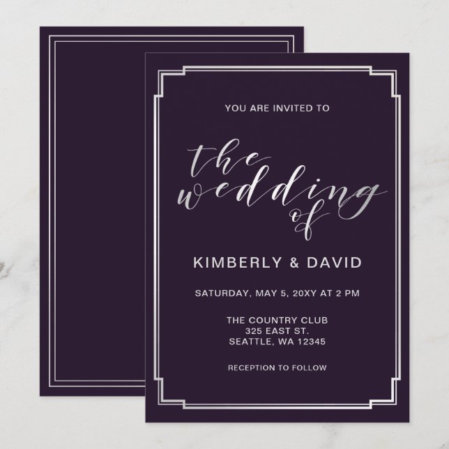 Simple Purple Silver Wedding Invitation (Front/Back)