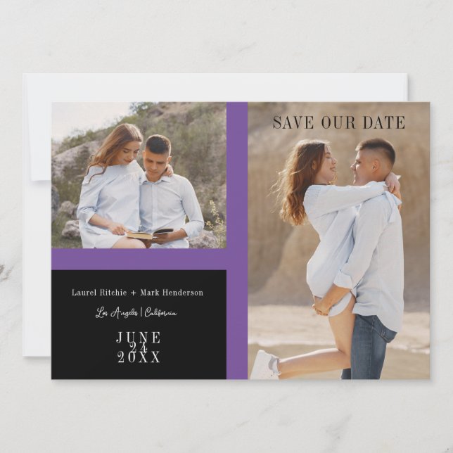 Simple Purple Two Photos Engaged Couple Session Save The Date (Front)