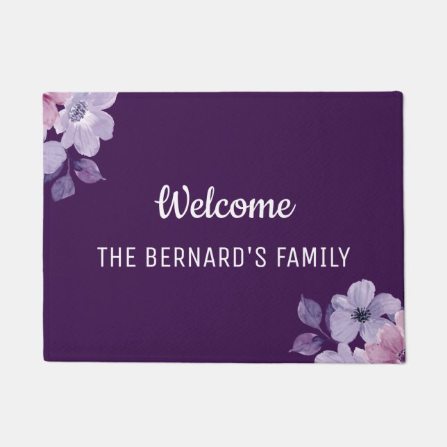 Simple purple watercolor floral welcome doormat (Front)