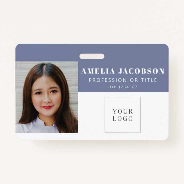 Simple Purple White Employee Photo ID Logo Barcode ID Badge (Front)