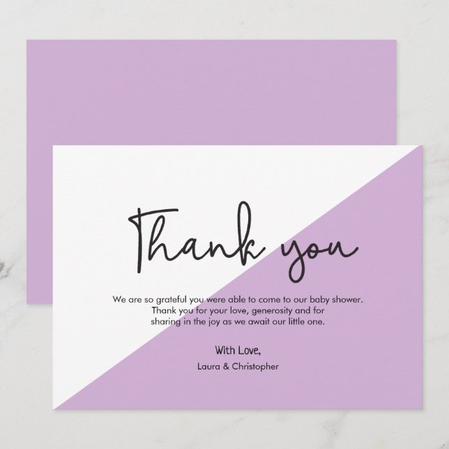 Simple Purple white Modern Baby Shower Thank You Invitation (Front/Back)