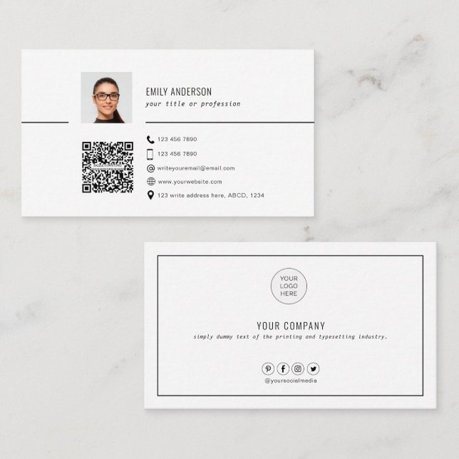 Simple QR code business card with photo, clean (Front/Back)