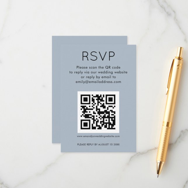 Simple QR Code Dusty Blue Wedding RSVP Enclosure Card (Front/Back In Situ)