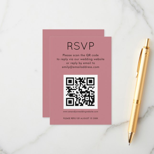 Simple QR Code Dusty Rose Pink Wedding RSVP Enclosure Card (Front/Back In Situ)