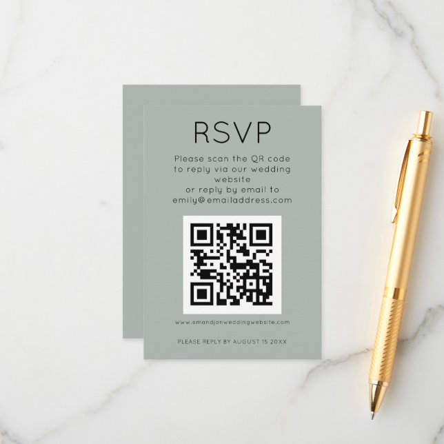 Simple QR Code Light Sage Wedding RSVP Enclosure Card (Front/Back In Situ)