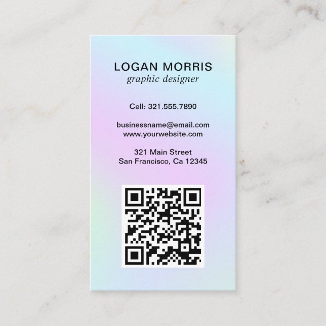 Simple QR Code Pastel Holographic Modern Business Card (Front)