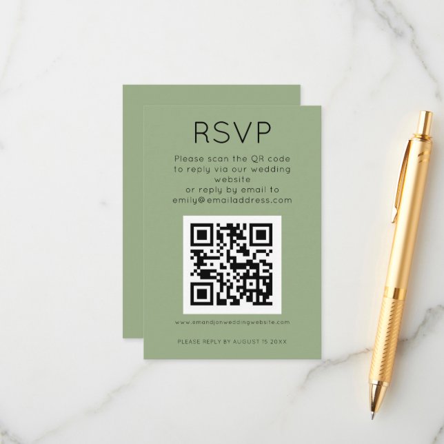 Simple QR Code Sage Green Wedding RSVP Enclosure Card (Front/Back In Situ)