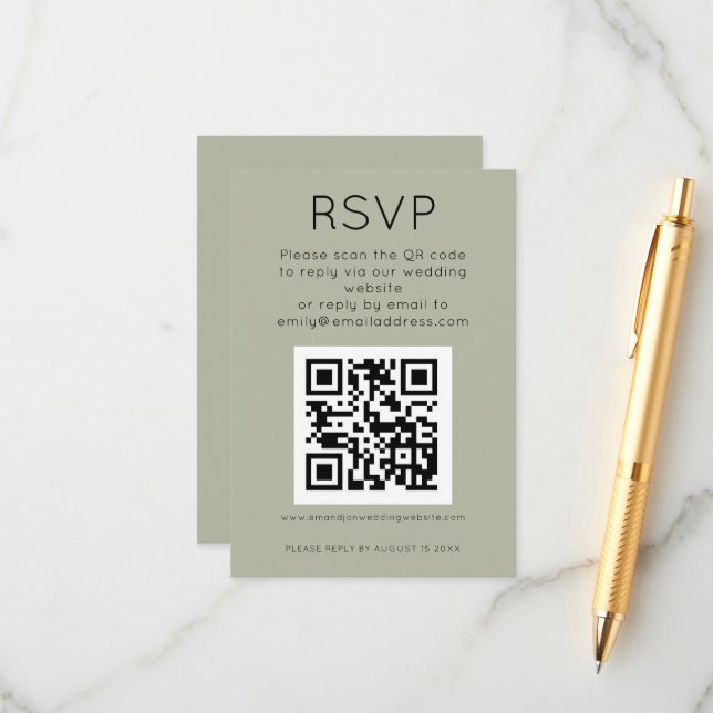 Simple QR Code Soft Sage Wedding RSVP Enclosure Card (Front/Back In Situ)