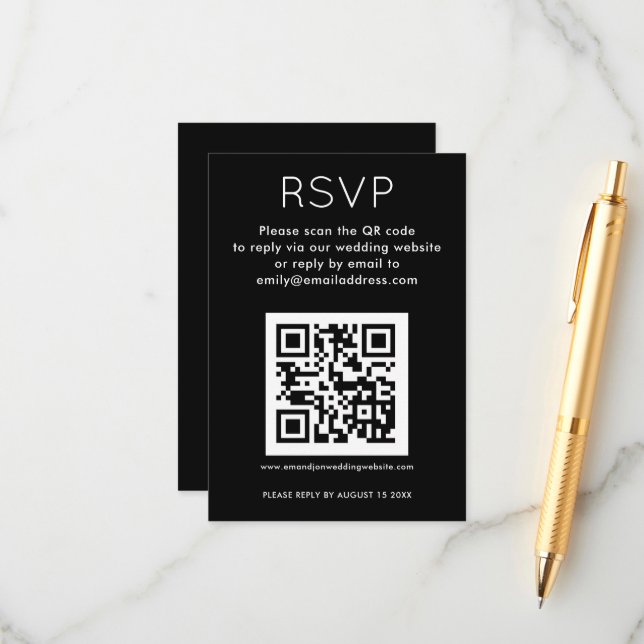 Simple QR Code White Black Wedding RSVP Enclosure Card (Front/Back In Situ)