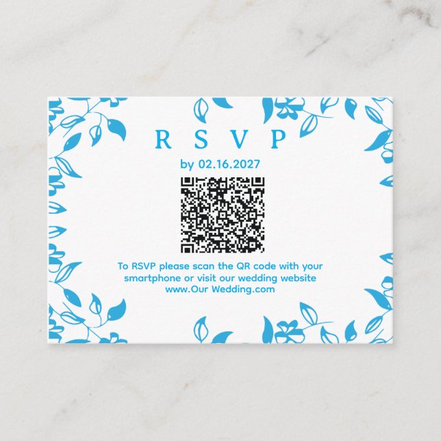 simple QR RSVP blue floral rustic card (Front)