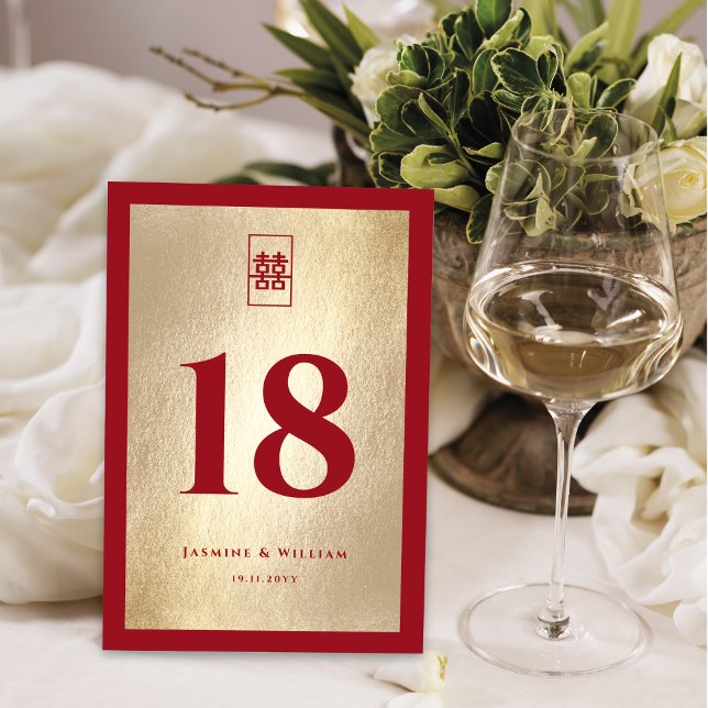 Simple Rectangle Double Xi Golden Chinese Wedding Table Number (Creator Uploaded)