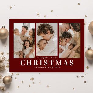 Simple Red 3 Photo Christmas Holiday Card