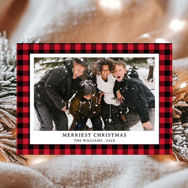 Simple Red and Black Buffalo Plaid Photo Christmas Holiday Card (Creator Uploaded)