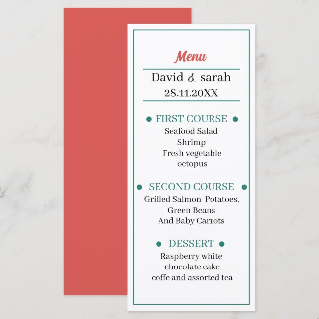 Simple Red And Green Customised Wedding Dinner Menu (Front/Back)