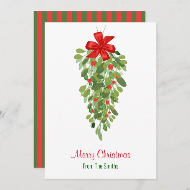 Simple Red And Green Mistletoe Christmas Card (Front/Back)