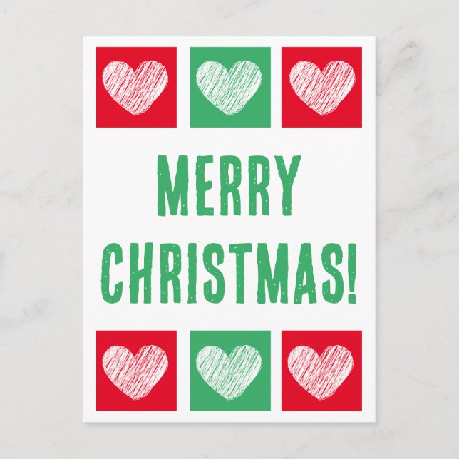 Simple Red And Green With Hearts Merry Christmas Holiday Postcard (Front)