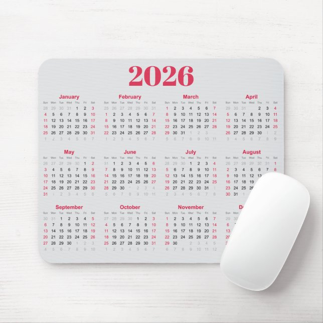 Simple red and light gray 2026 Calendar  Mouse Pad (With Mouse)