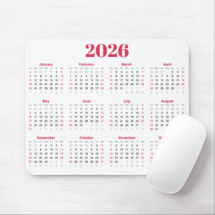 Simple red and White 2026 Calendar  Mouse Pad
