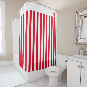 Simple Red and White Striped Initial Christmas Shower Curtain
