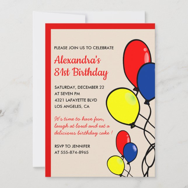 Simple Red Balloons 81st birthday invitations  (Front)