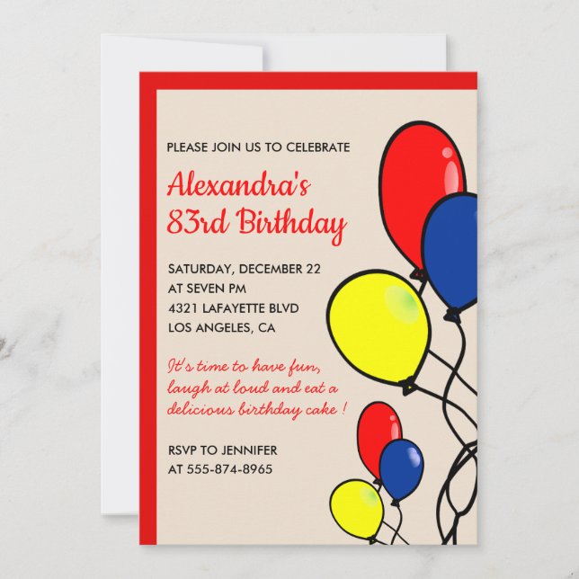 Simple Red Balloons 83rd birthday invitations  (Front)
