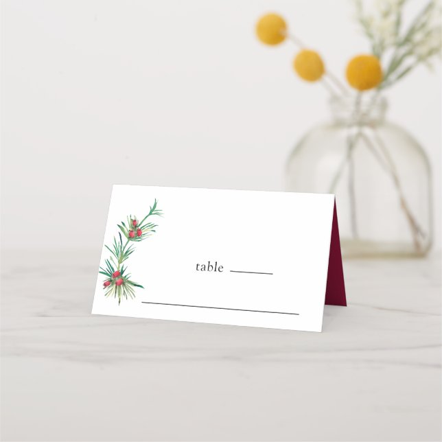 Simple Red Berries Winter Greenery Floral Wedding  Place Card (Front)