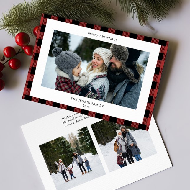 Simple Red Black Plaid Border 3 Photos Christmas Holiday Card (Creator Uploaded)