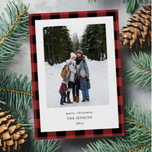 Simple Red Black Plaid Border Two Photos Christmas Holiday Card