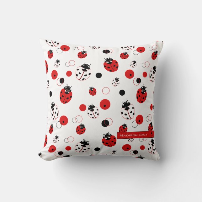 Simple Red, Black & White Ladybug Pattern Cushion (Front)