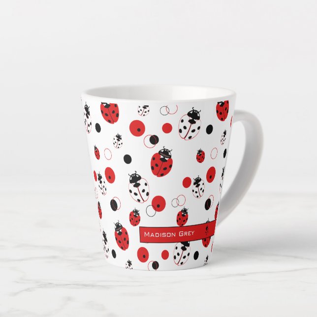 Simple Red, Black & White Ladybug Pattern Latte Mug (Right Angle)