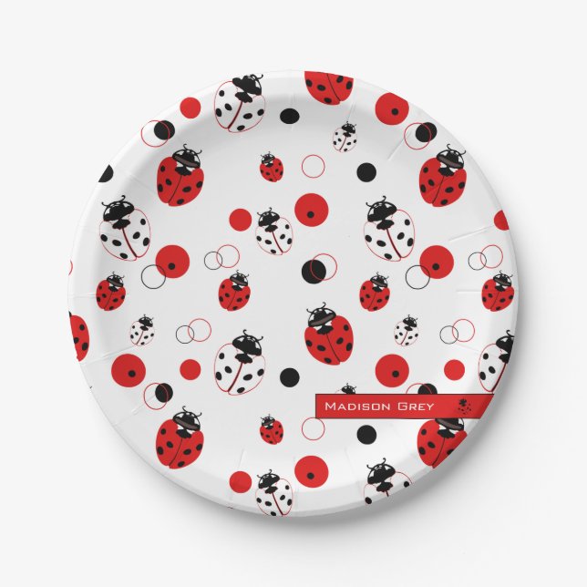 Simple Red, Black & White Ladybug Pattern Paper Plate (Front)