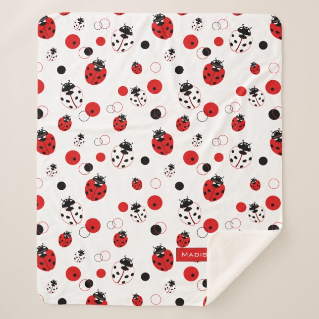 Simple Red, Black & White Ladybug Pattern Sherpa Blanket (Front)