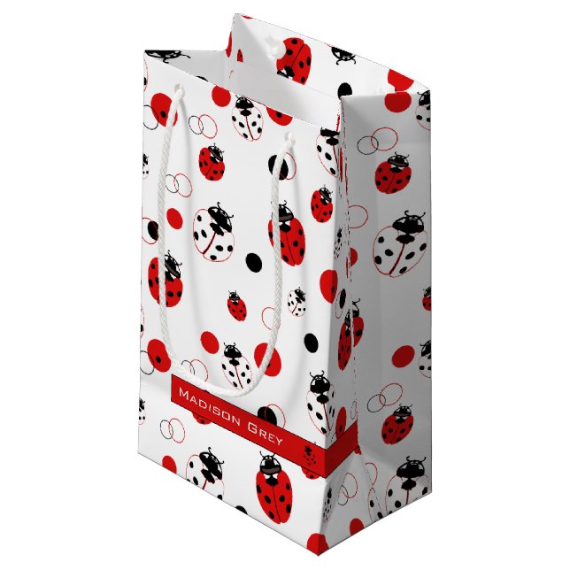 Simple Red, Black & White Ladybug Pattern Small Gift Bag (Front Angled)