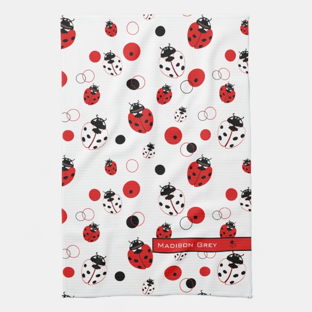 Simple Red, Black & White Ladybug Pattern Tea Towel (Vertical)