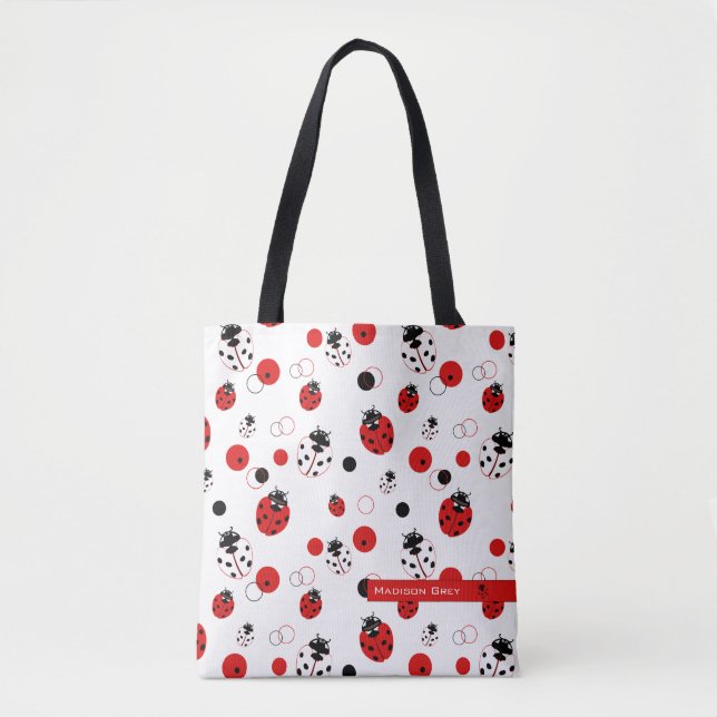 Simple Red, Black & White Ladybug Pattern Tote Bag (Front)