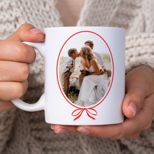 Simple Red Bow Oval Photo Christmas Coffee Mug (Classic red bow oval photo Christmas holiday mug.)