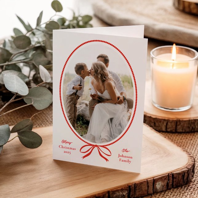 Simple Red Bow Oval Photo Christmas Holiday Card (Elegant Hand Drawn Red Bow Oval Photo Christmas Folded Holiday Cards.)