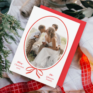 Simple Red Bow Oval Photo Christmas Holiday Card
