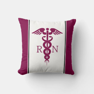 Simple Red Caduceus RN Symbol with Magenta Borders Cushion