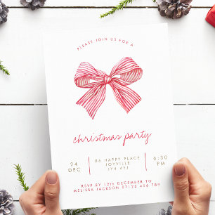 Simple Red Candy Stripe Bow Christmas Party Invitation