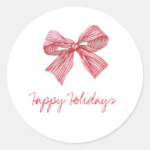 Simple Red Candy Stripe Bow Happy Holidays