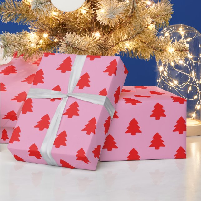 Simple Red Christmas Trees on Pink Wrapping Paper (Holidays)