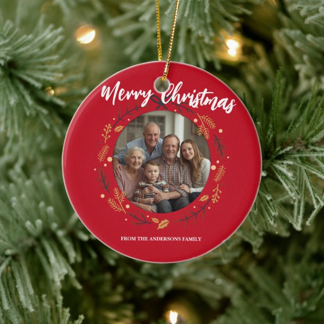 Simple red Christmas Wreath Photo Family name Ceramic Ornament (Tree)