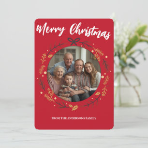 Simple red Christmas Wreath Photo Family name Holiday Card