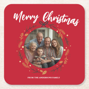 Simple red Christmas Wreath Photo Family name Square Paper Coaster