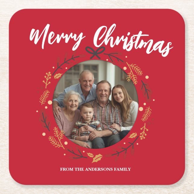 Simple red Christmas Wreath Photo Family name Square Paper Coaster (Front)
