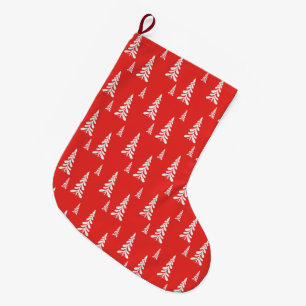 Simple Red christmas Xmas pine tree Snow Pattern Large Christmas Stocking
