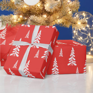 Simple Red christmas Xmas pine tree Snow Pattern Wrapping Paper